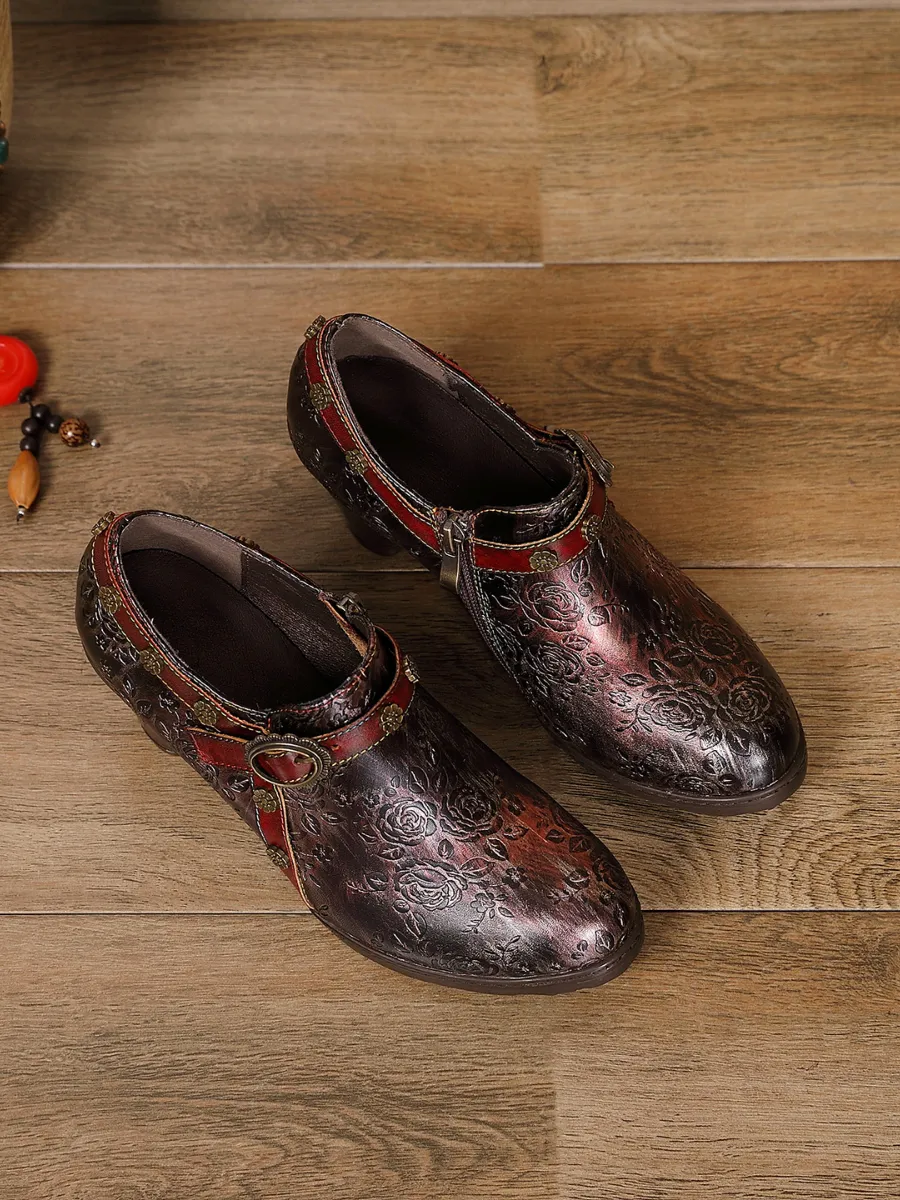 Metallic Mulberry Floral Embossed Leather Bootie