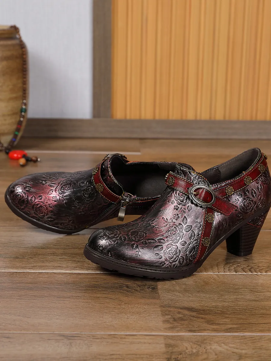 Metallic Mulberry Floral Embossed Leather Bootie