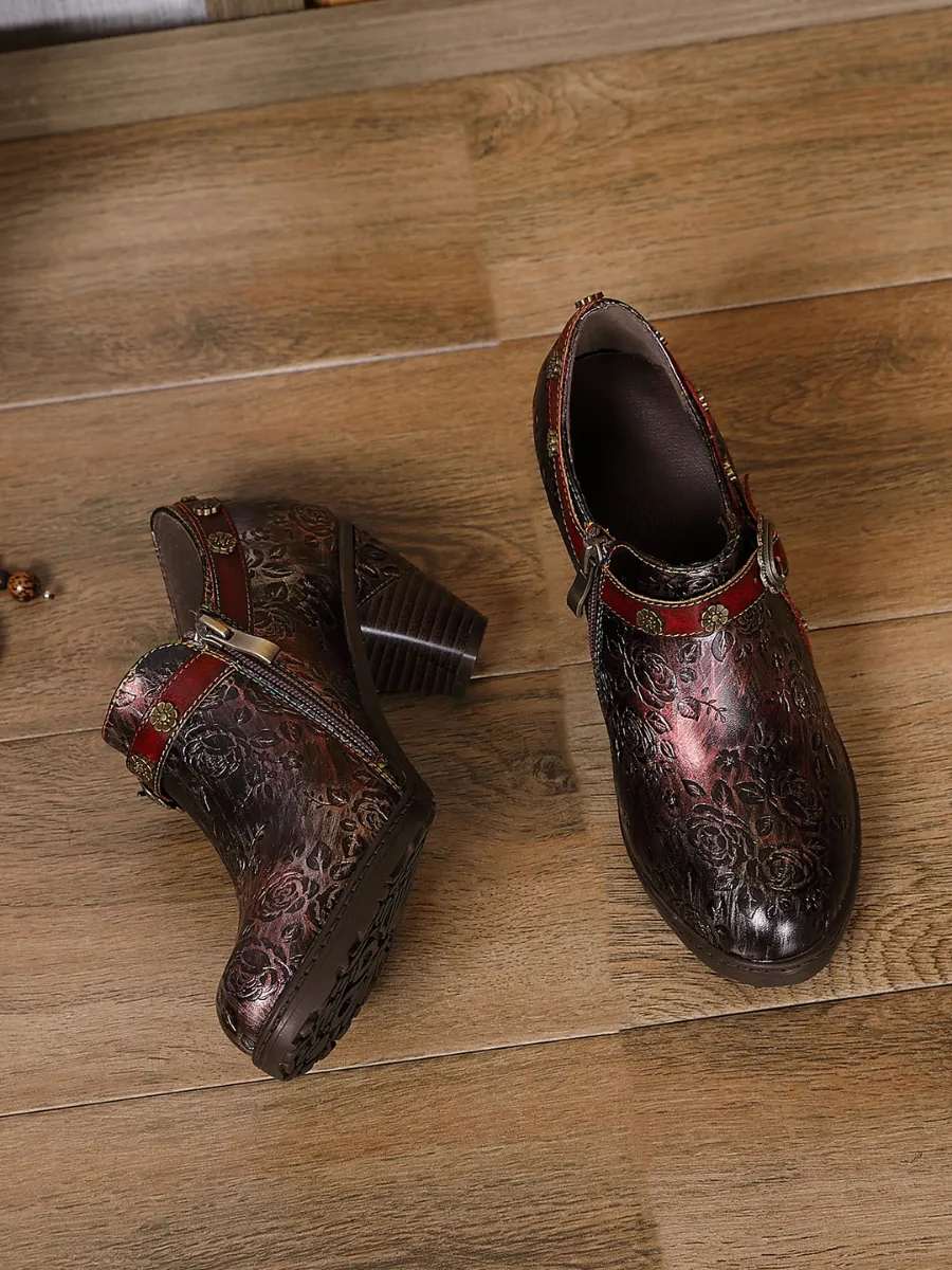Metallic Mulberry Floral Embossed Leather Bootie