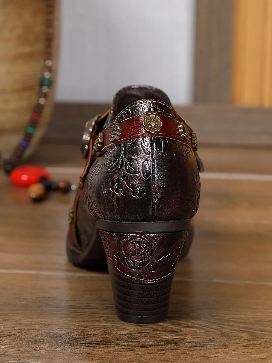 Metallic Mulberry Floral Embossed Leather Bootie