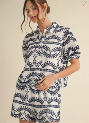 Navy & White Eyelet Blouse