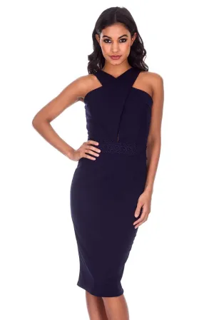 Navy Crochet Detail Waist Midi Dress