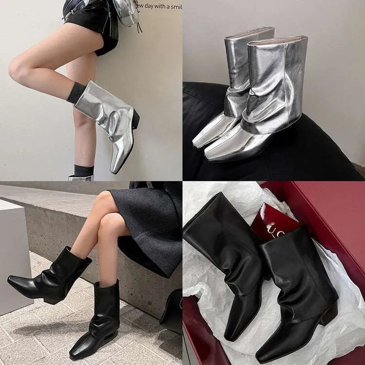 NEW & INSTOCK - Korean Style Leather Boots in Black and Silver