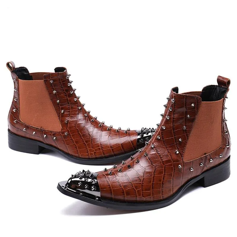 New Western Cowboy Boots Man Metal Pointed Toe Leather Boots Brown Rock Motocycle Boots Men Nightclub Party,38-46