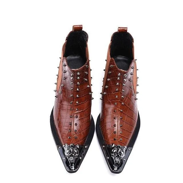 New Western Cowboy Boots Man Metal Pointed Toe Leather Boots Brown Rock Motocycle Boots Men Nightclub Party,38-46