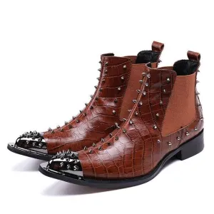 New Western Cowboy Boots Man Metal Pointed Toe Leather Boots Brown Rock Motocycle Boots Men Nightclub Party,38-46
