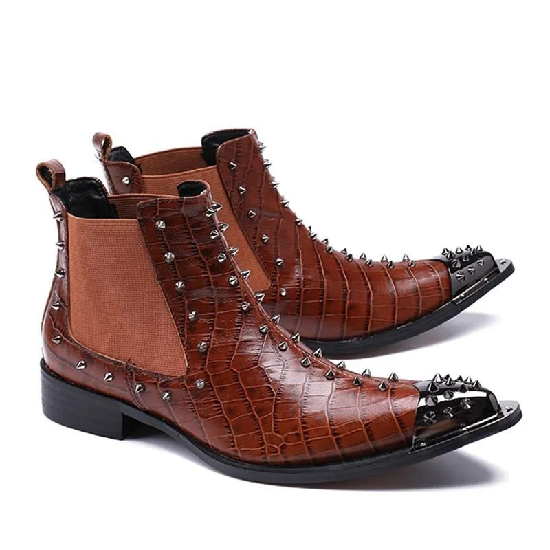 New Western Cowboy Boots Man Metal Pointed Toe Leather Boots Brown Rock Motocycle Boots Men Nightclub Party,38-46