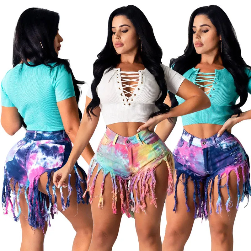 Newest Women's Tie-dye Fringed High Waist Denim Shorts