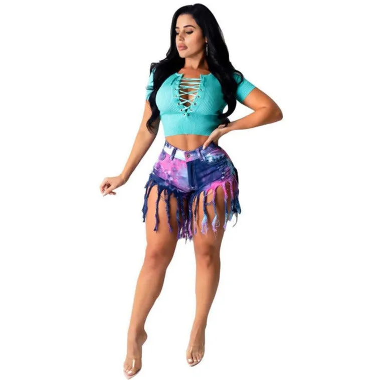 Newest Women's Tie-dye Fringed High Waist Denim Shorts