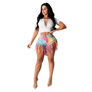 Newest Women's Tie-dye Fringed High Waist Denim Shorts