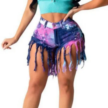 Newest Women's Tie-dye Fringed High Waist Denim Shorts