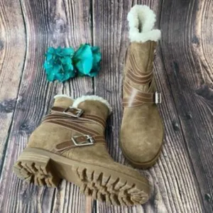 Nine West Brown Suede Davyd Demi Wedge Buckle Detailing Faux Fur Booties 6M