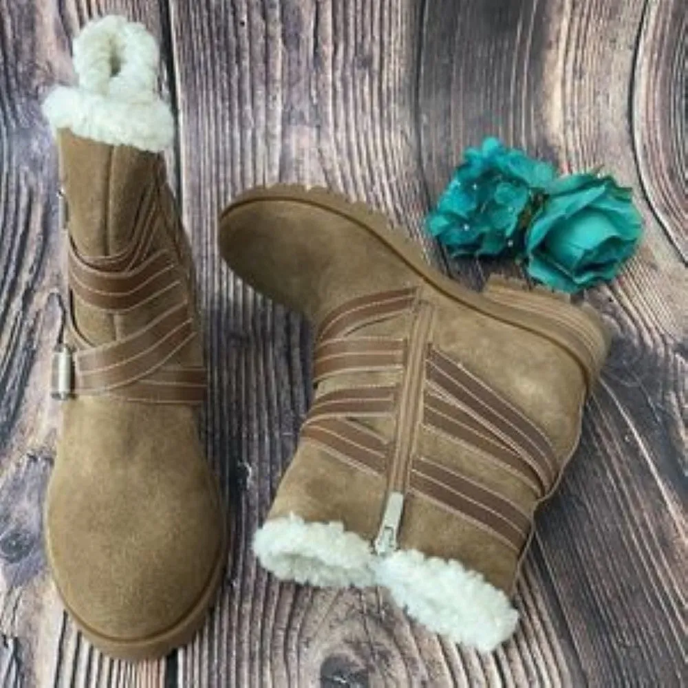 Nine West Brown Suede Davyd Demi Wedge Buckle Detailing Faux Fur Booties 6M