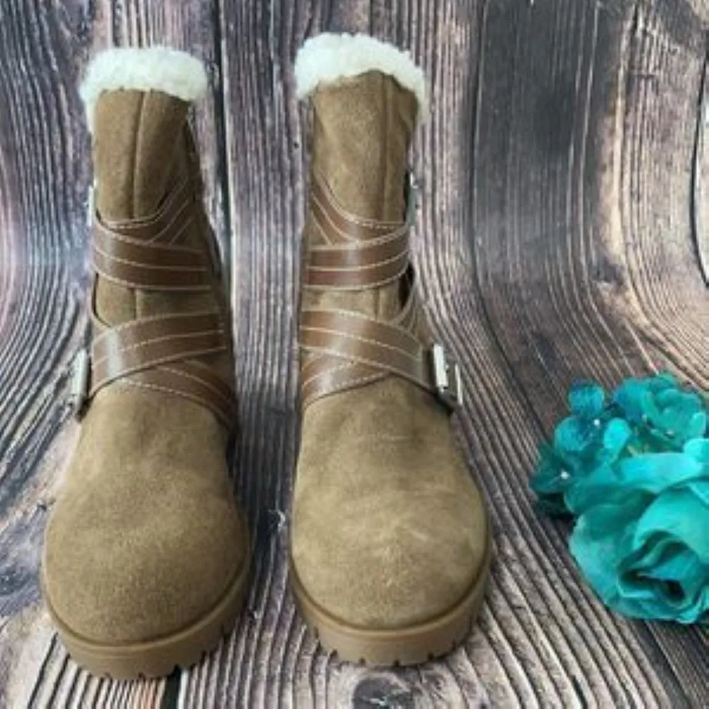 Nine West Brown Suede Davyd Demi Wedge Buckle Detailing Faux Fur Booties 6M