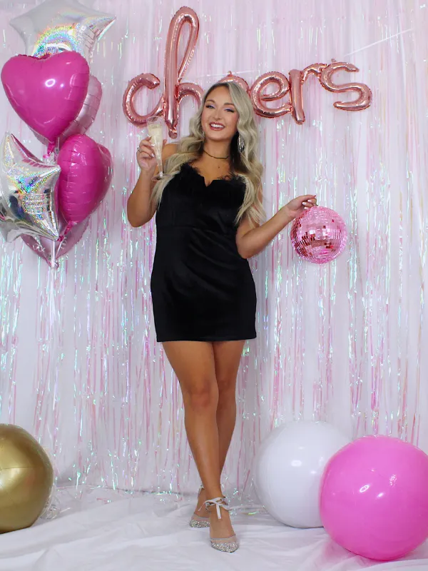 Own The Night V-Cut Velvet Dress with Feather trim, Black
