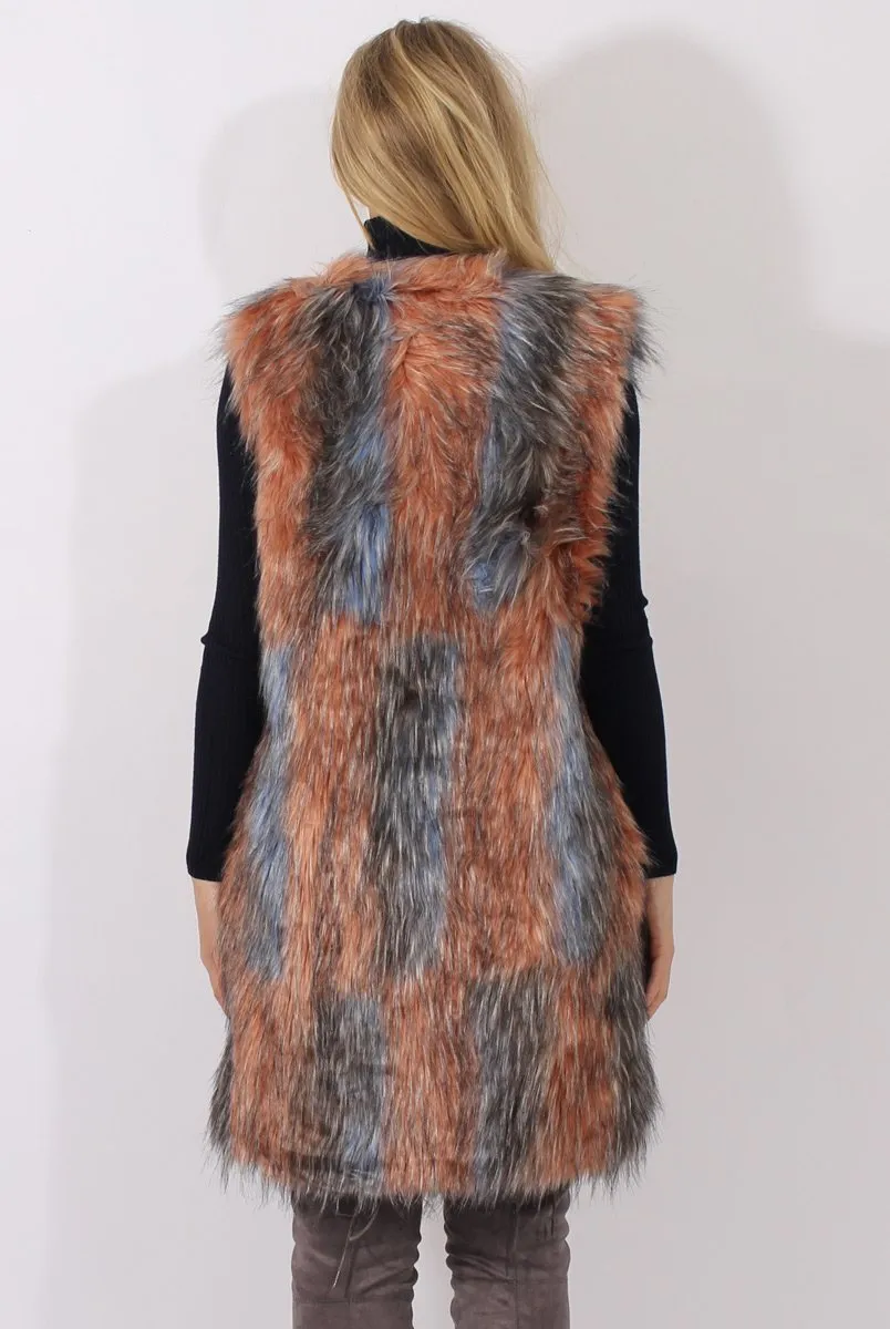 Pink & Blue Faux Fur Long Gilet - Britt