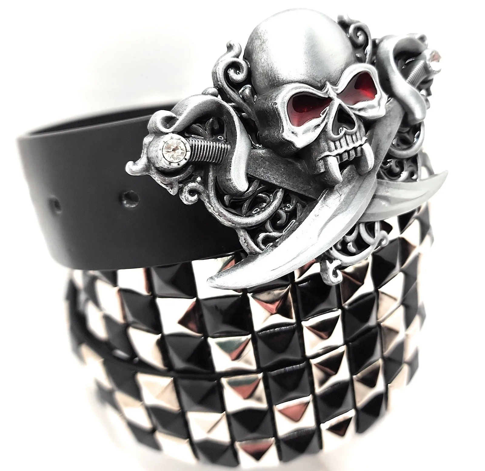 Pirate Skull Belt Buckle and Pyramid Studded Leather Belt