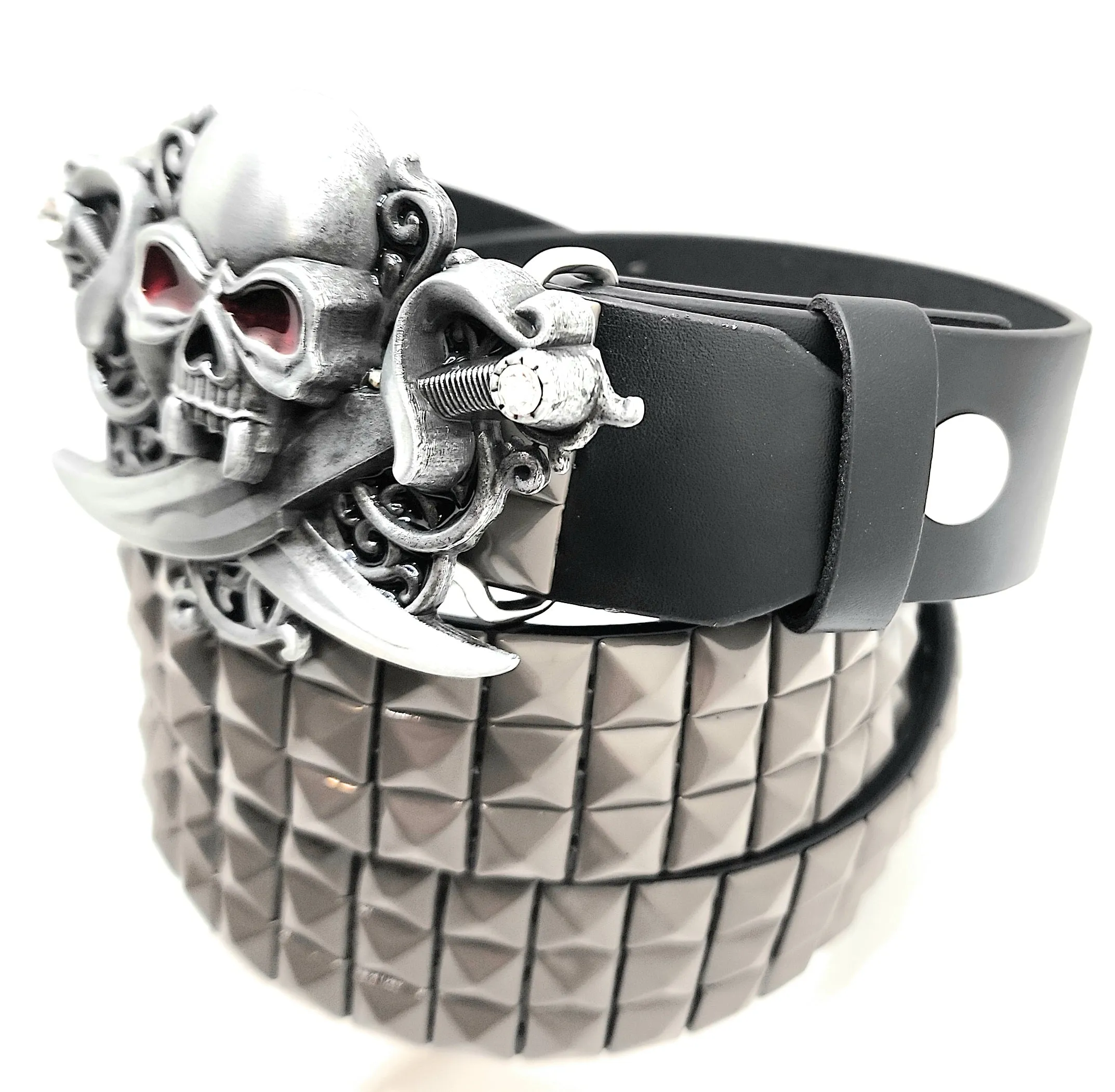 Pirate Skull Belt Buckle and Pyramid Studded Leather Belt