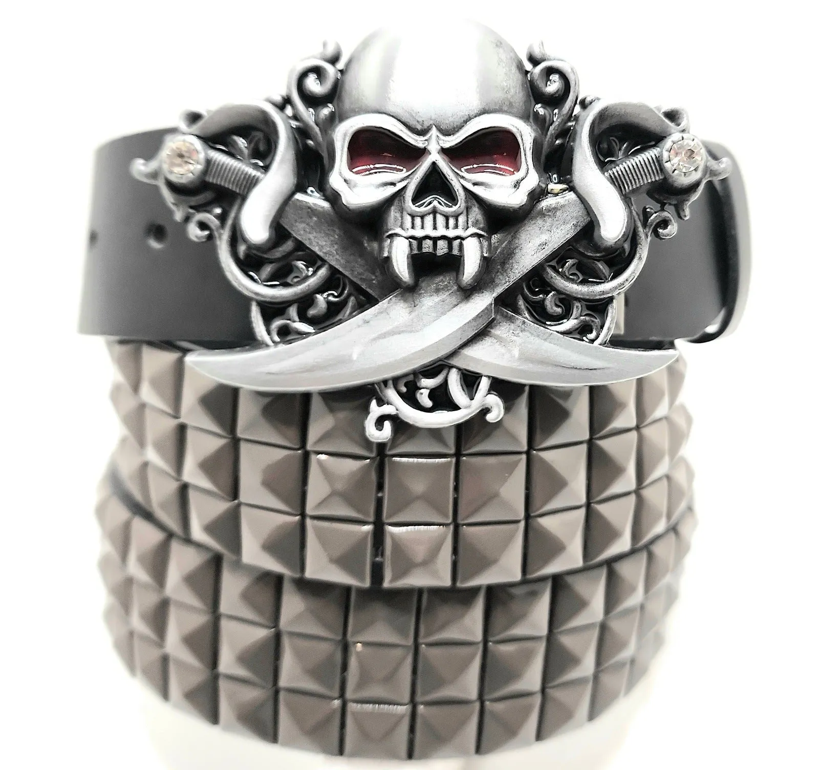 Pirate Skull Belt Buckle and Pyramid Studded Leather Belt