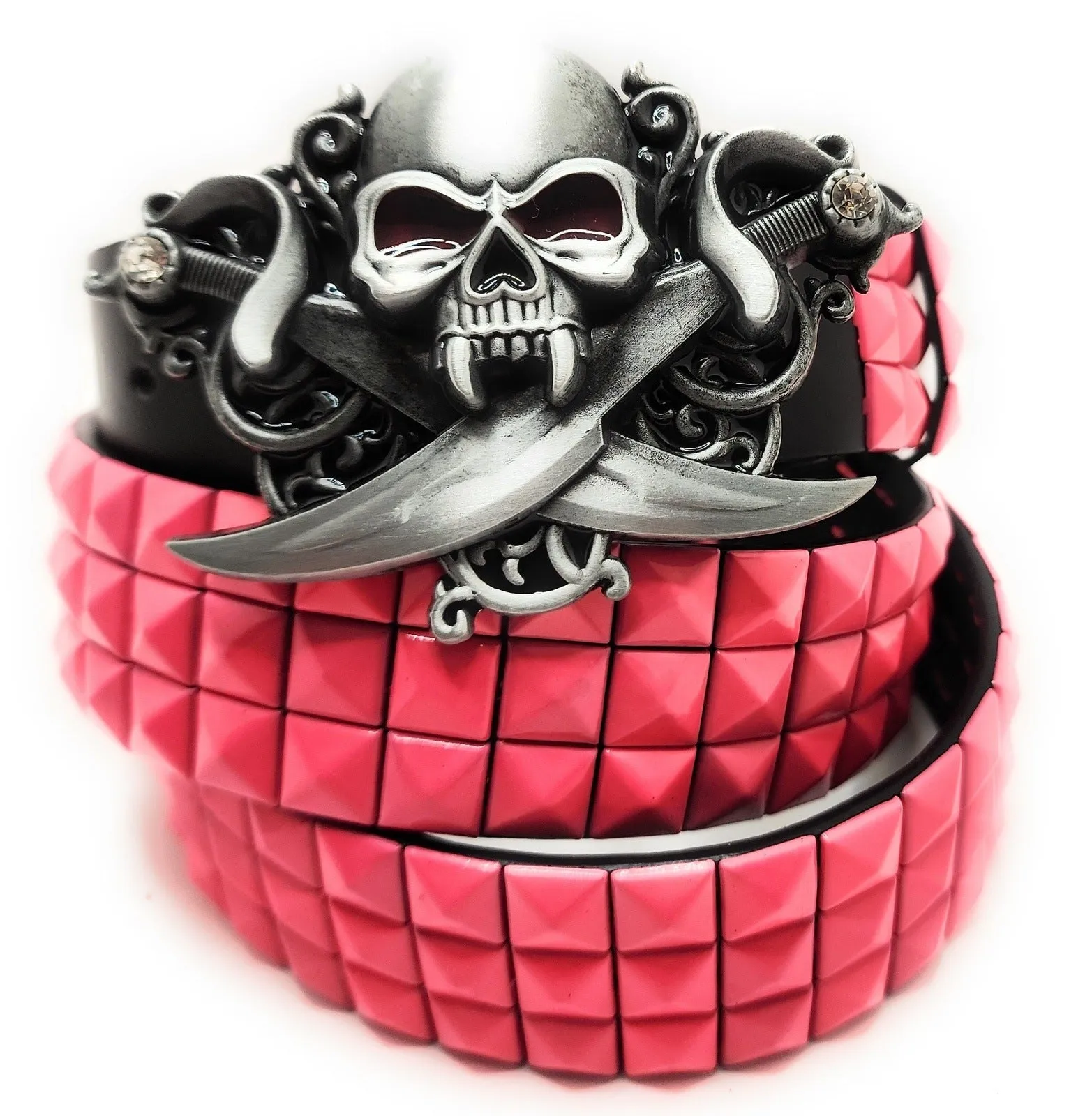 Pirate Skull Belt Buckle and Pyramid Studded Leather Belt