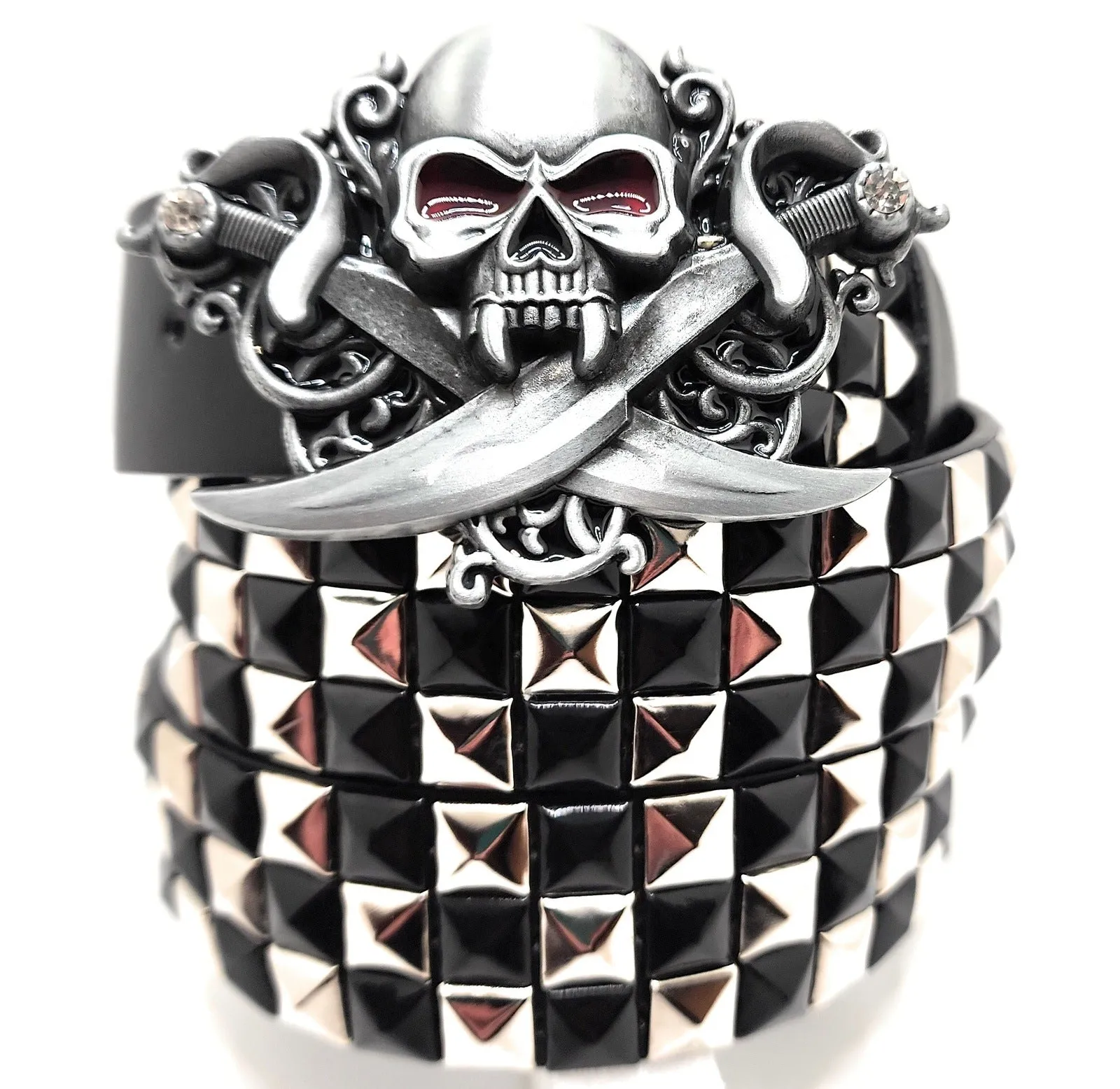 Pirate Skull Belt Buckle and Pyramid Studded Leather Belt