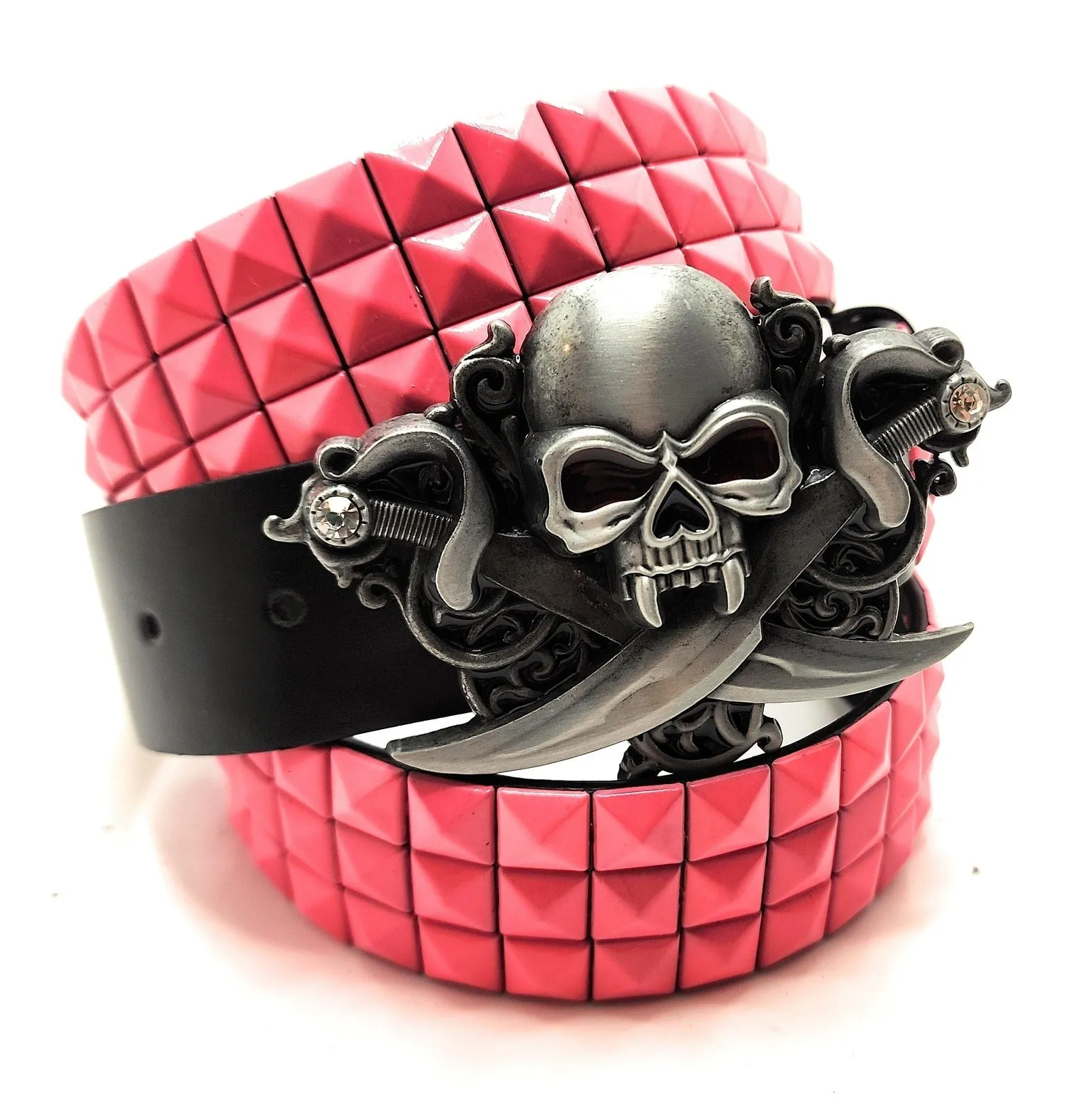 Pirate Skull Belt Buckle and Pyramid Studded Leather Belt