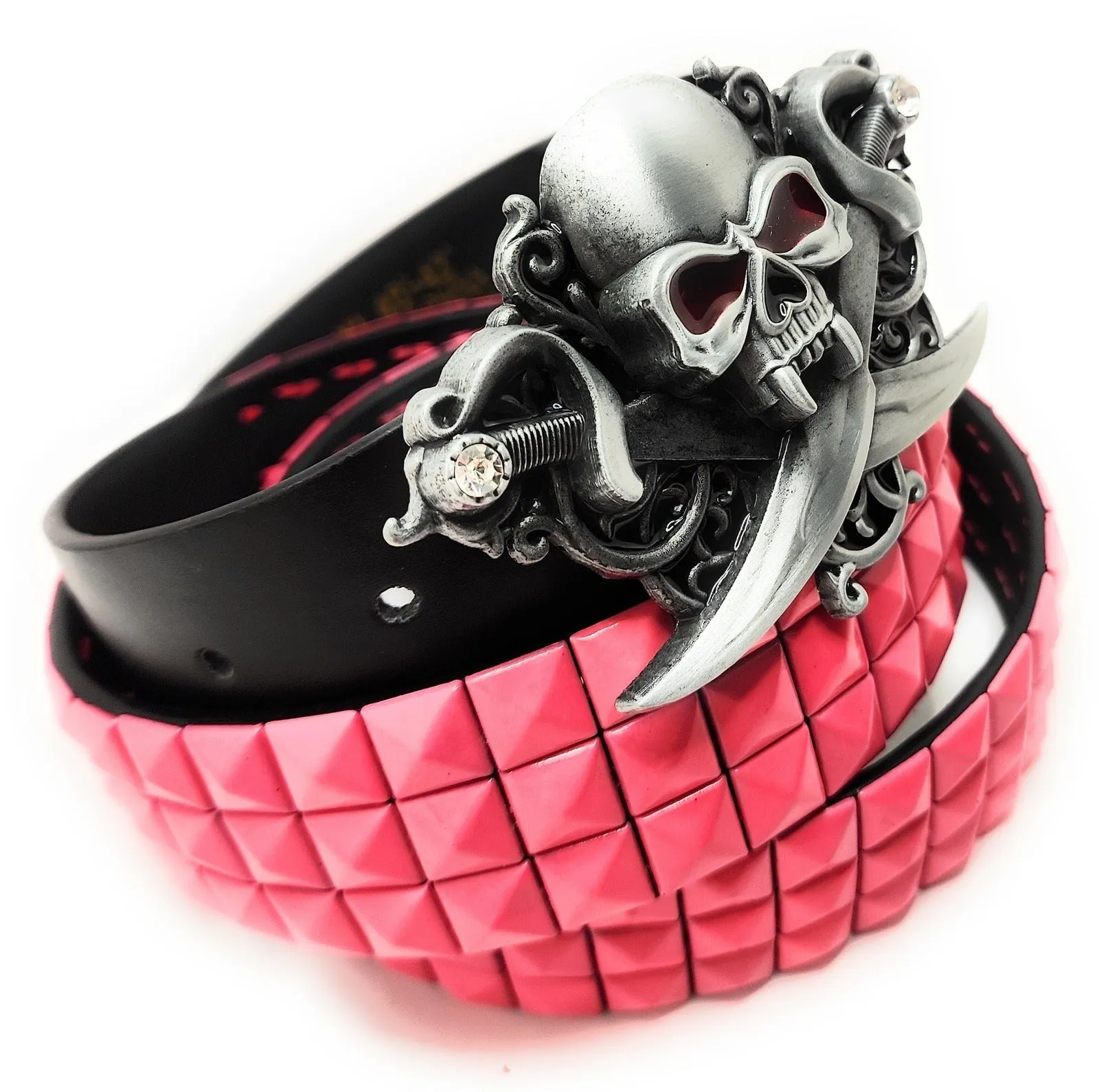Pirate Skull Belt Buckle and Pyramid Studded Leather Belt