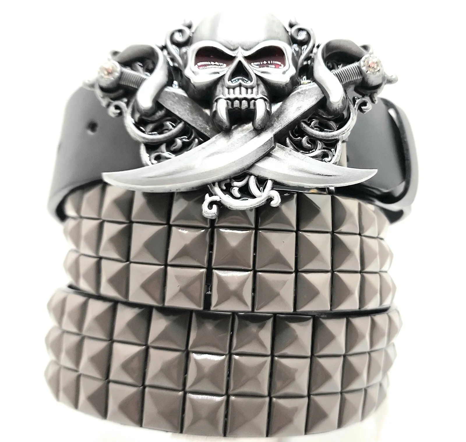 Pirate Skull Belt Buckle and Pyramid Studded Leather Belt