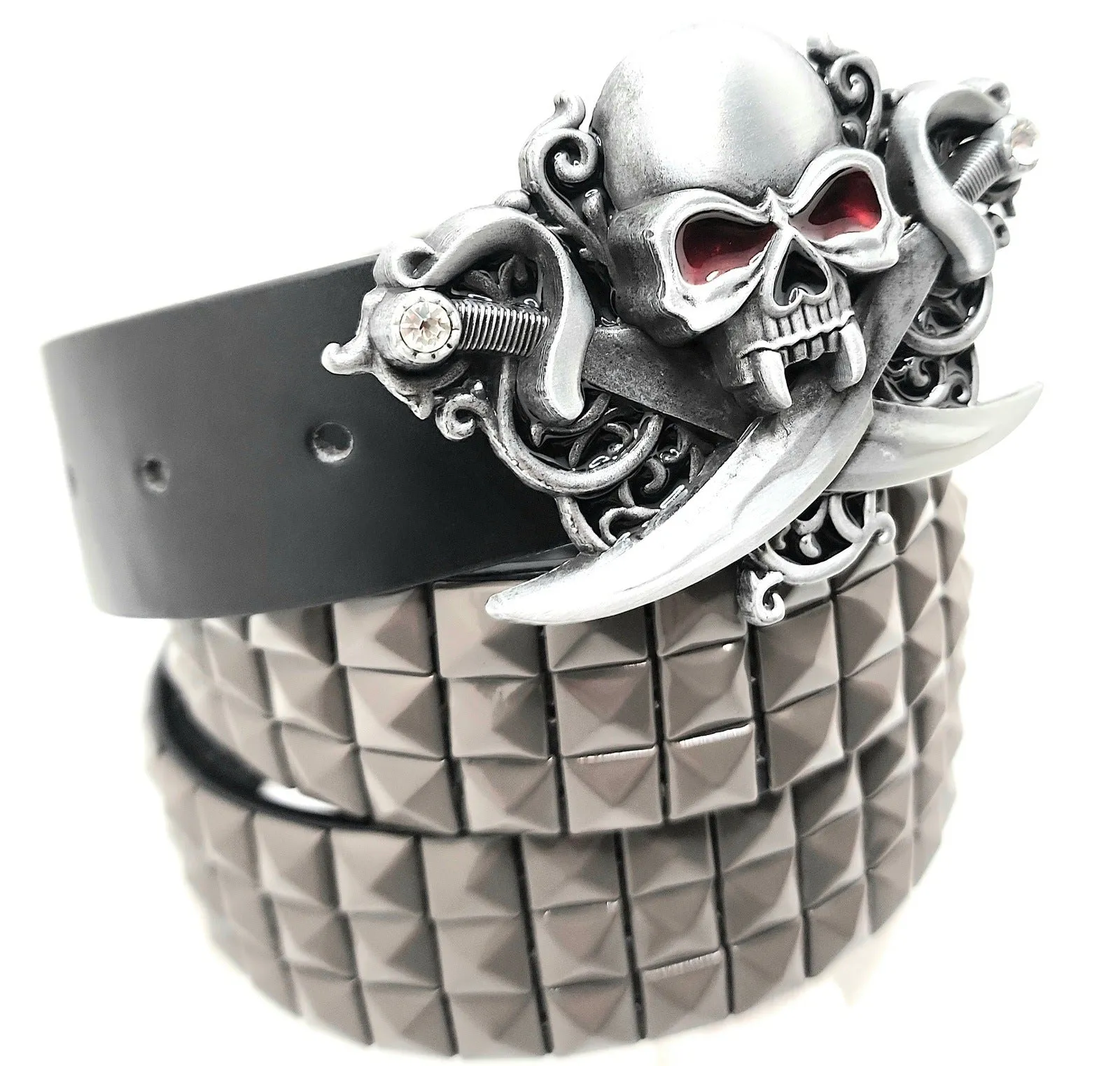 Pirate Skull Belt Buckle and Pyramid Studded Leather Belt