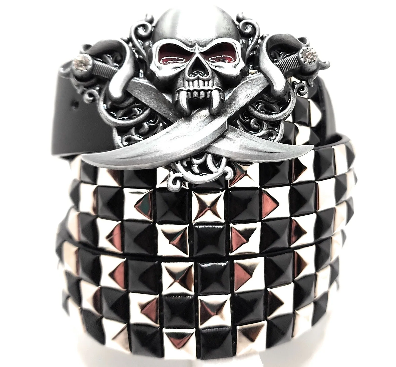 Pirate Skull Belt Buckle and Pyramid Studded Leather Belt