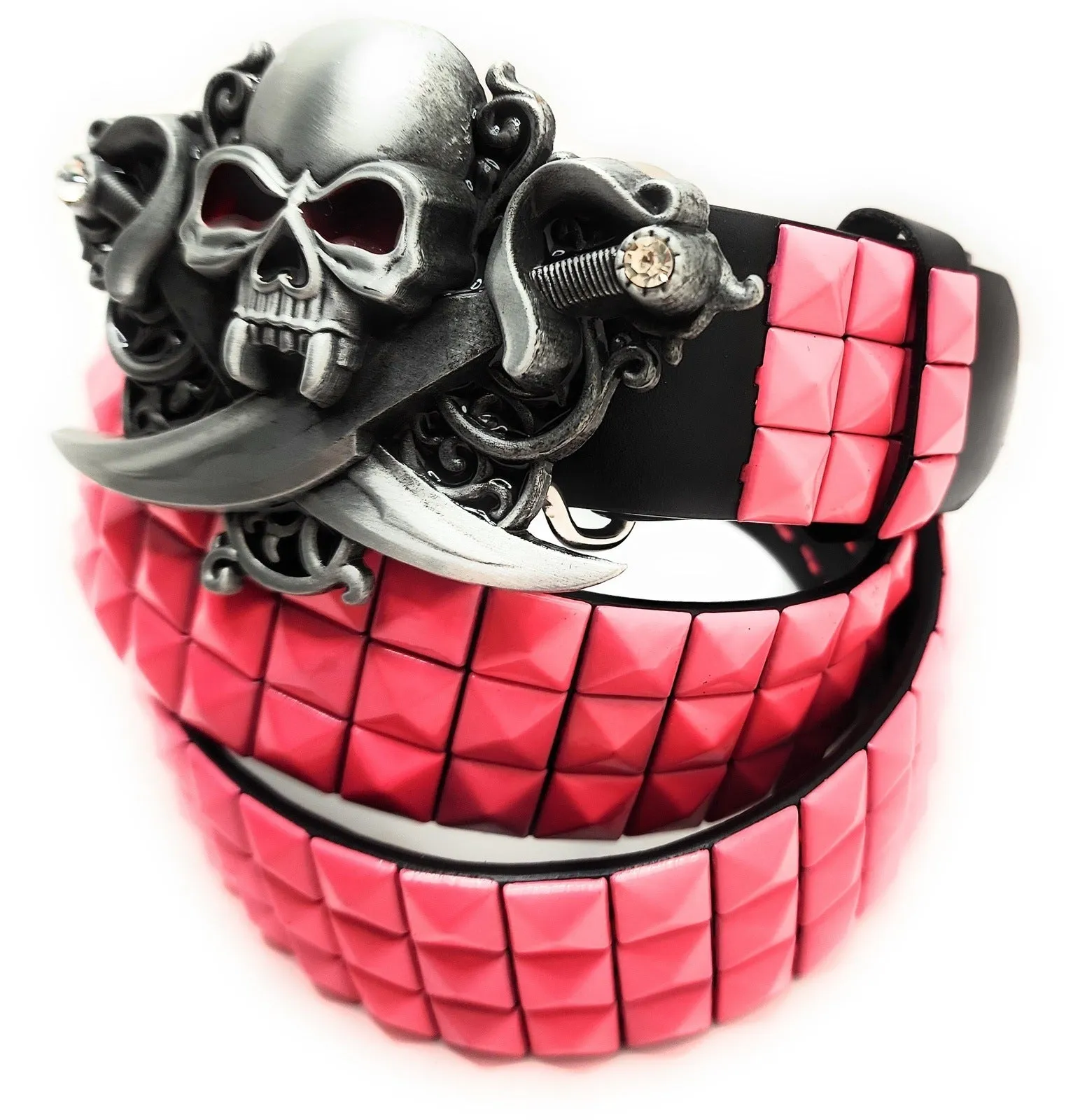 Pirate Skull Belt Buckle and Pyramid Studded Leather Belt
