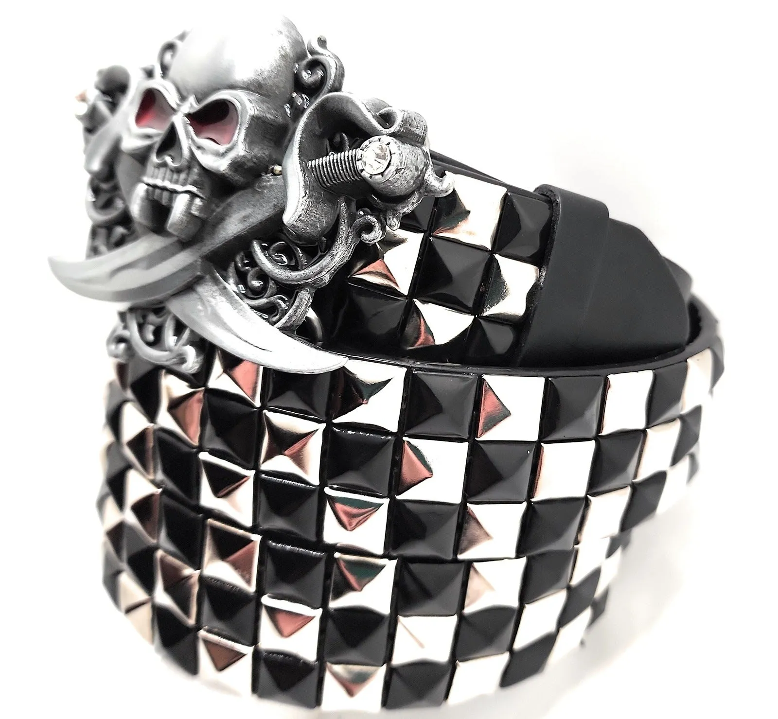 Pirate Skull Belt Buckle and Pyramid Studded Leather Belt