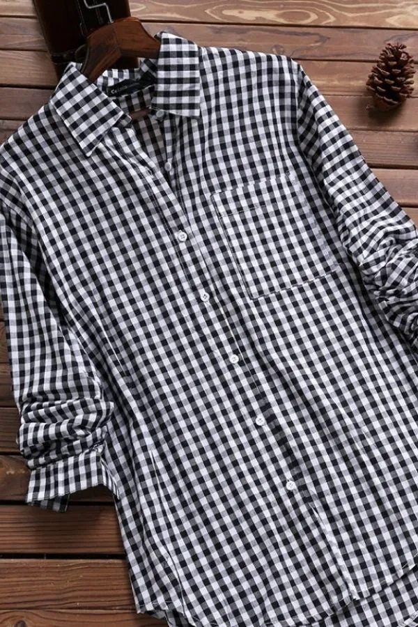 Plaid Printing Cotton Blouse