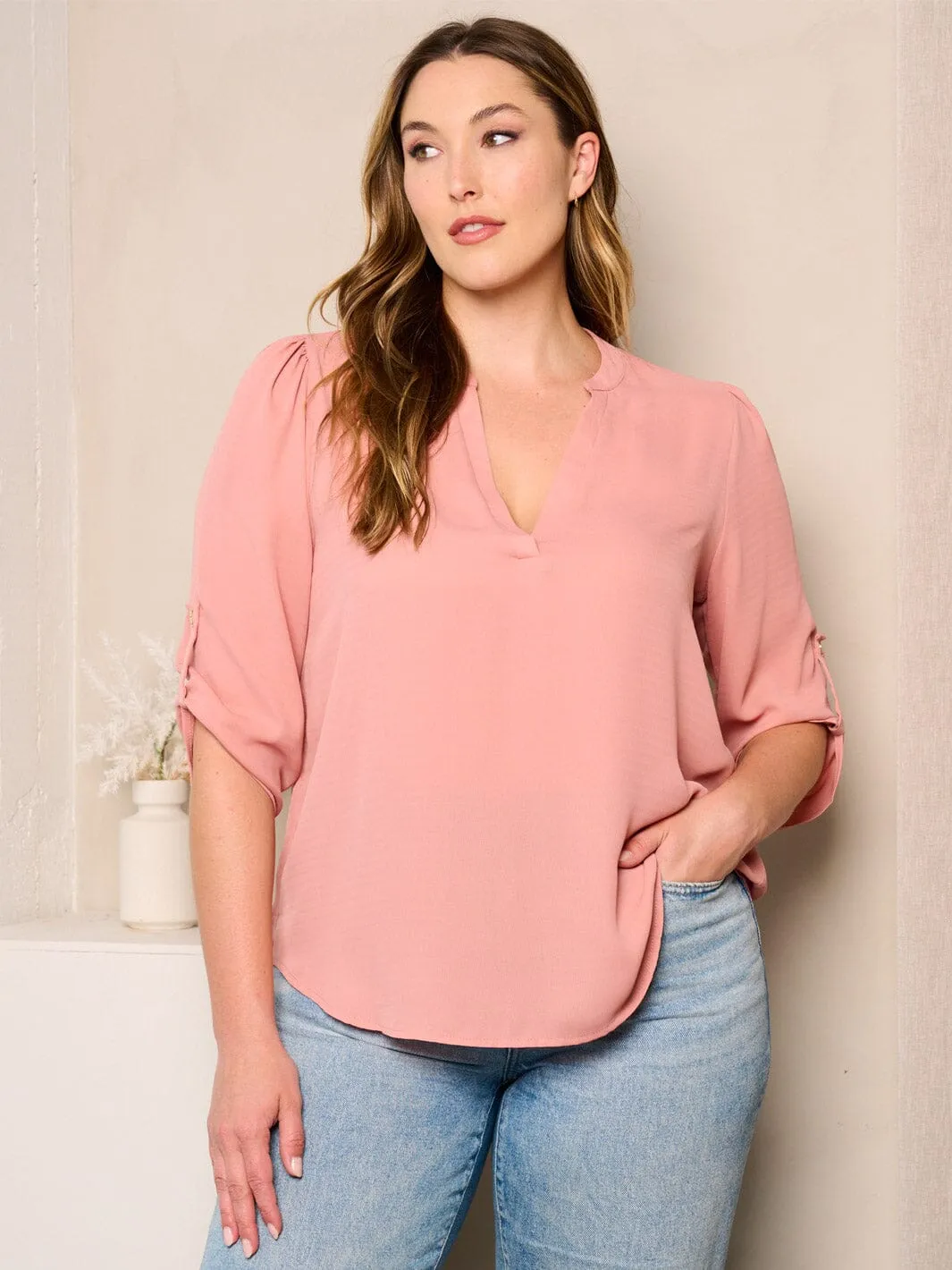 PLUS SIZE 3/4 SLEEVE V-NECK TUNIC BLOUSE TOP