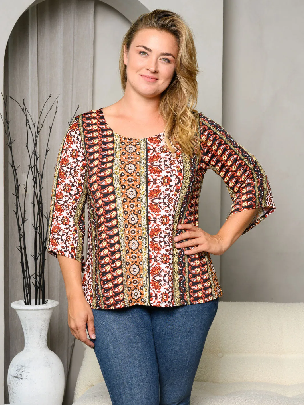 PLUS SIZE 3/4 SLEEVES MULTI PRINT TUNIC TOP