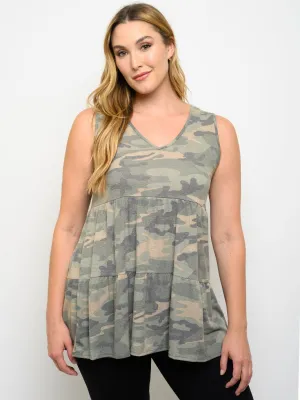 PLUS SIZE CAMO PRINT SLEEVELESS TOP