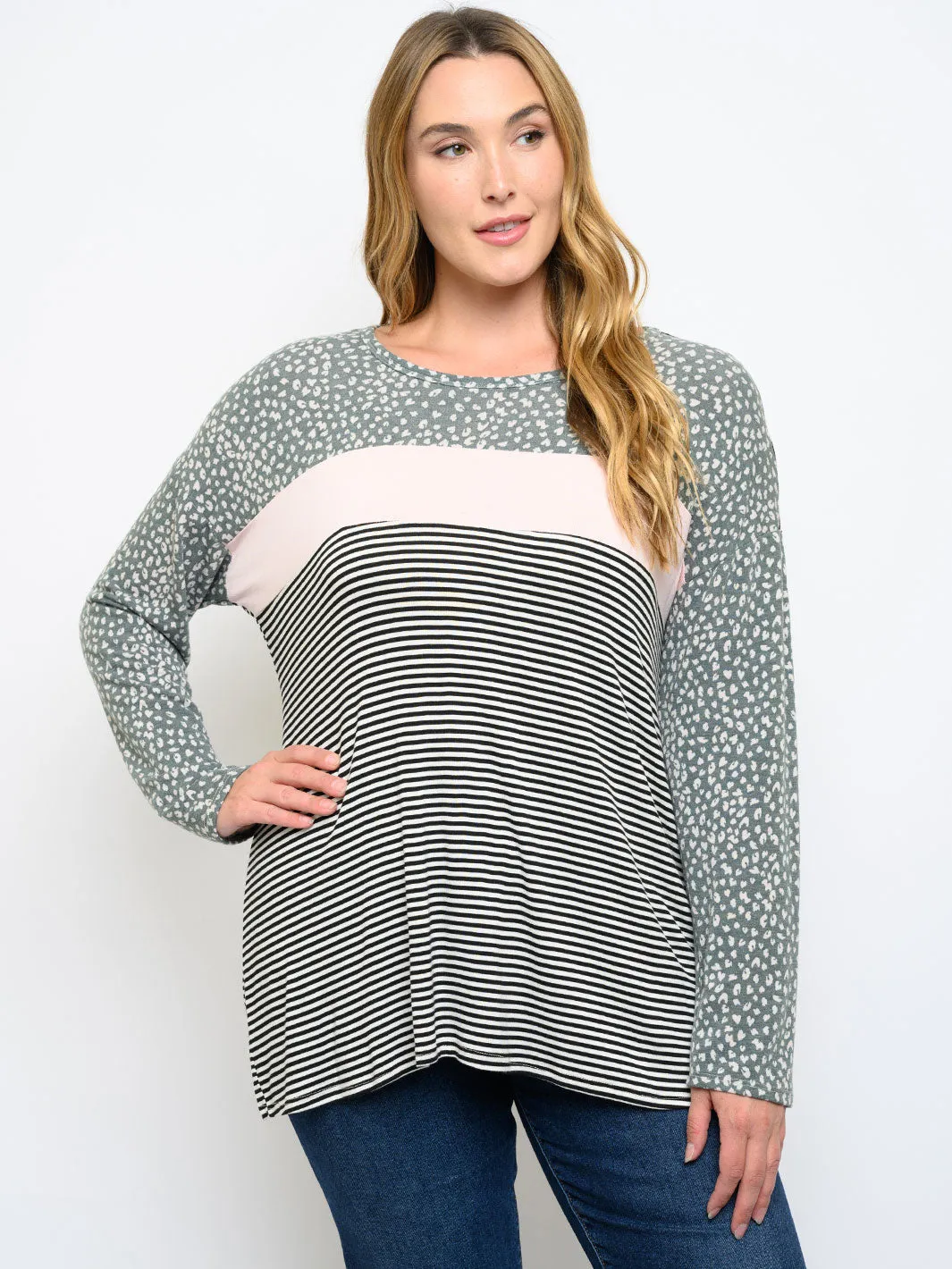 PLUS SIZE LONG SLEEVE MULTI PRINT TOP