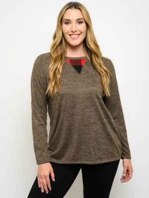 PLUS SIZE LONG SLEEVE PLAID DETAIL TOP