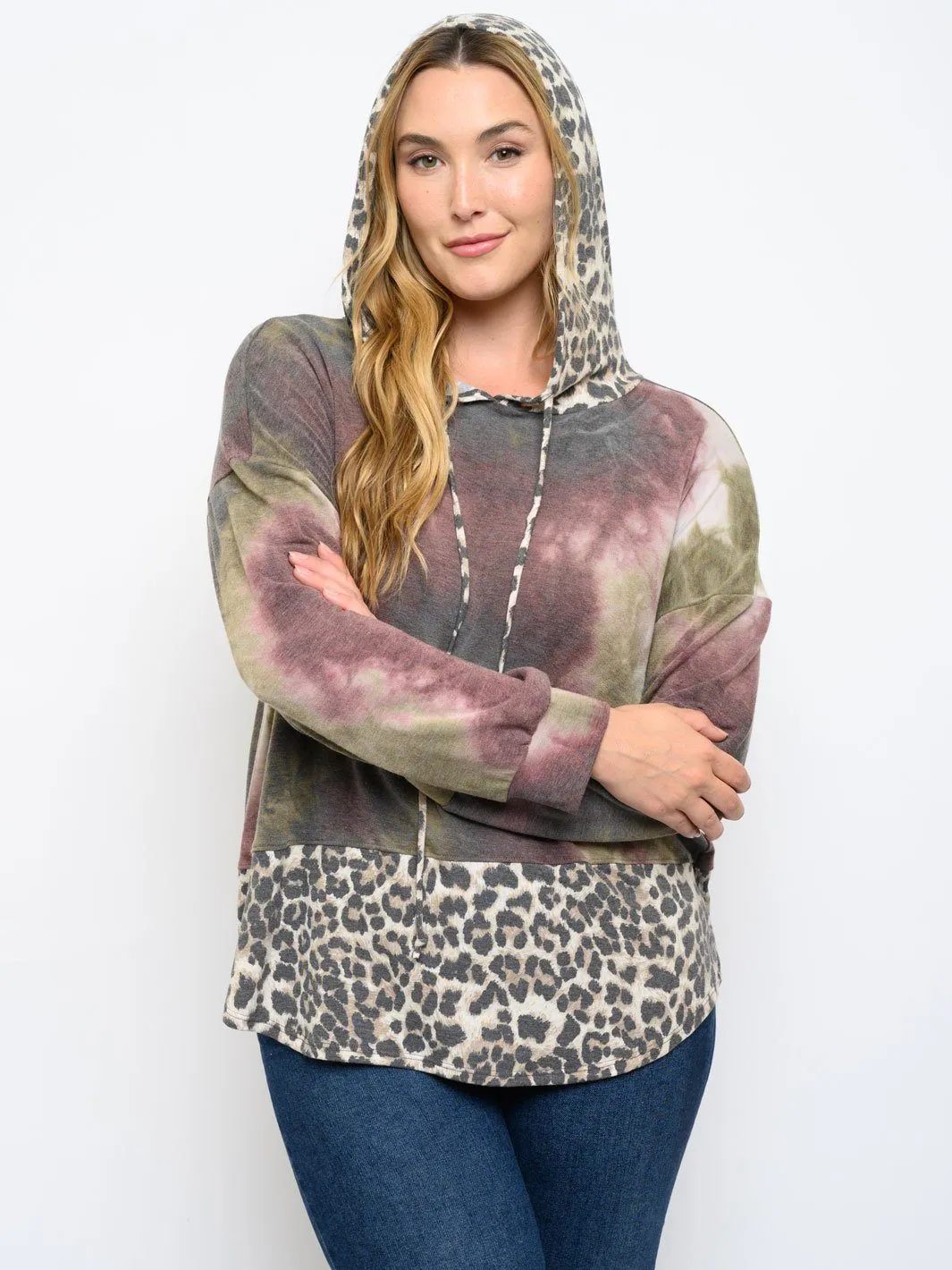 PLUS SIZE LONG SLEEVE TIE DYE ANIMAL PRINT HOODIE TOP