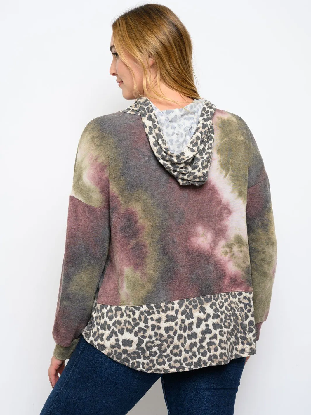 PLUS SIZE LONG SLEEVE TIE DYE ANIMAL PRINT HOODIE TOP