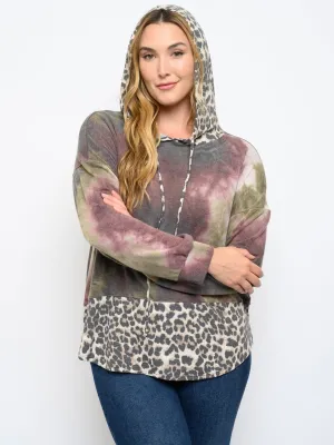 PLUS SIZE LONG SLEEVE TIE DYE ANIMAL PRINT HOODIE TOP