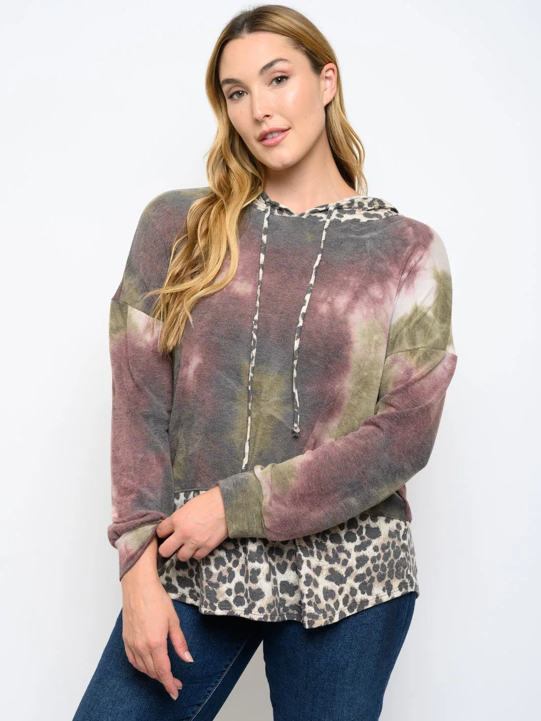 PLUS SIZE LONG SLEEVE TIE DYE ANIMAL PRINT HOODIE TOP