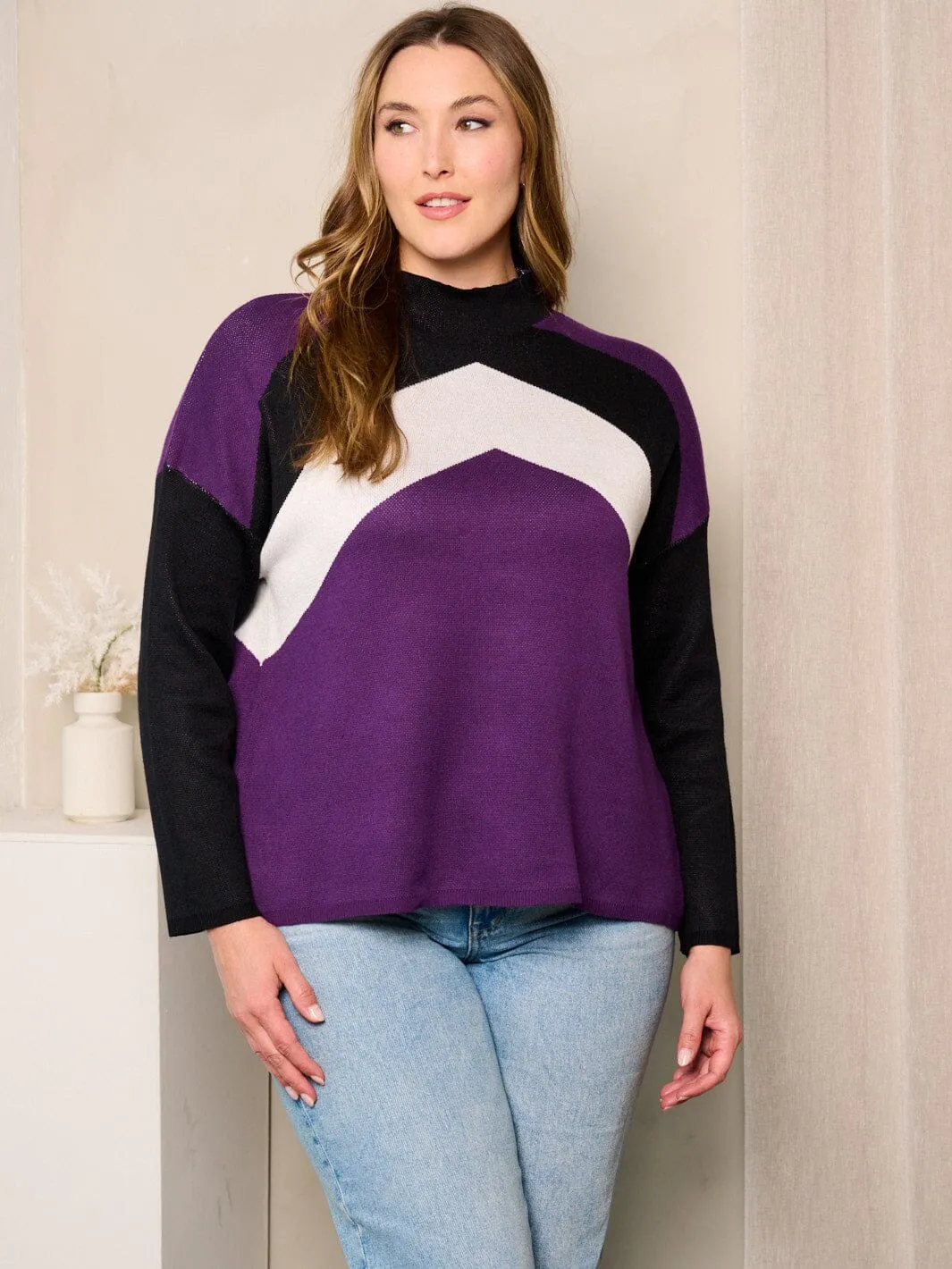PLUS SIZE LONG SLEEVES COLORBLOCK MOCK NECK TOP