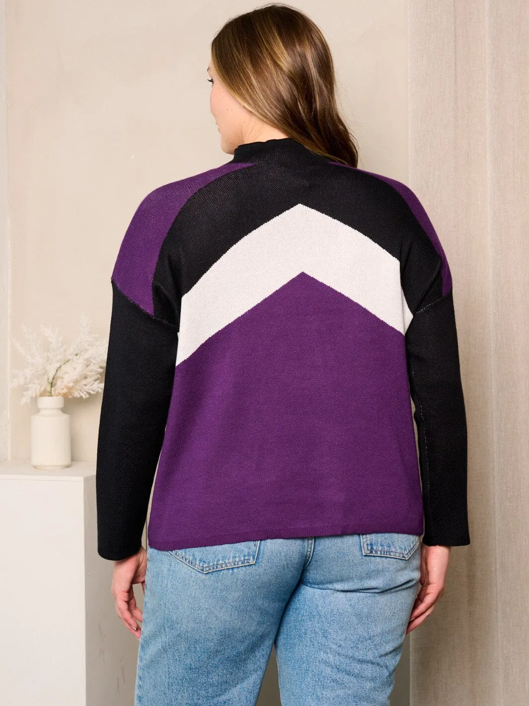 PLUS SIZE LONG SLEEVES COLORBLOCK MOCK NECK TOP