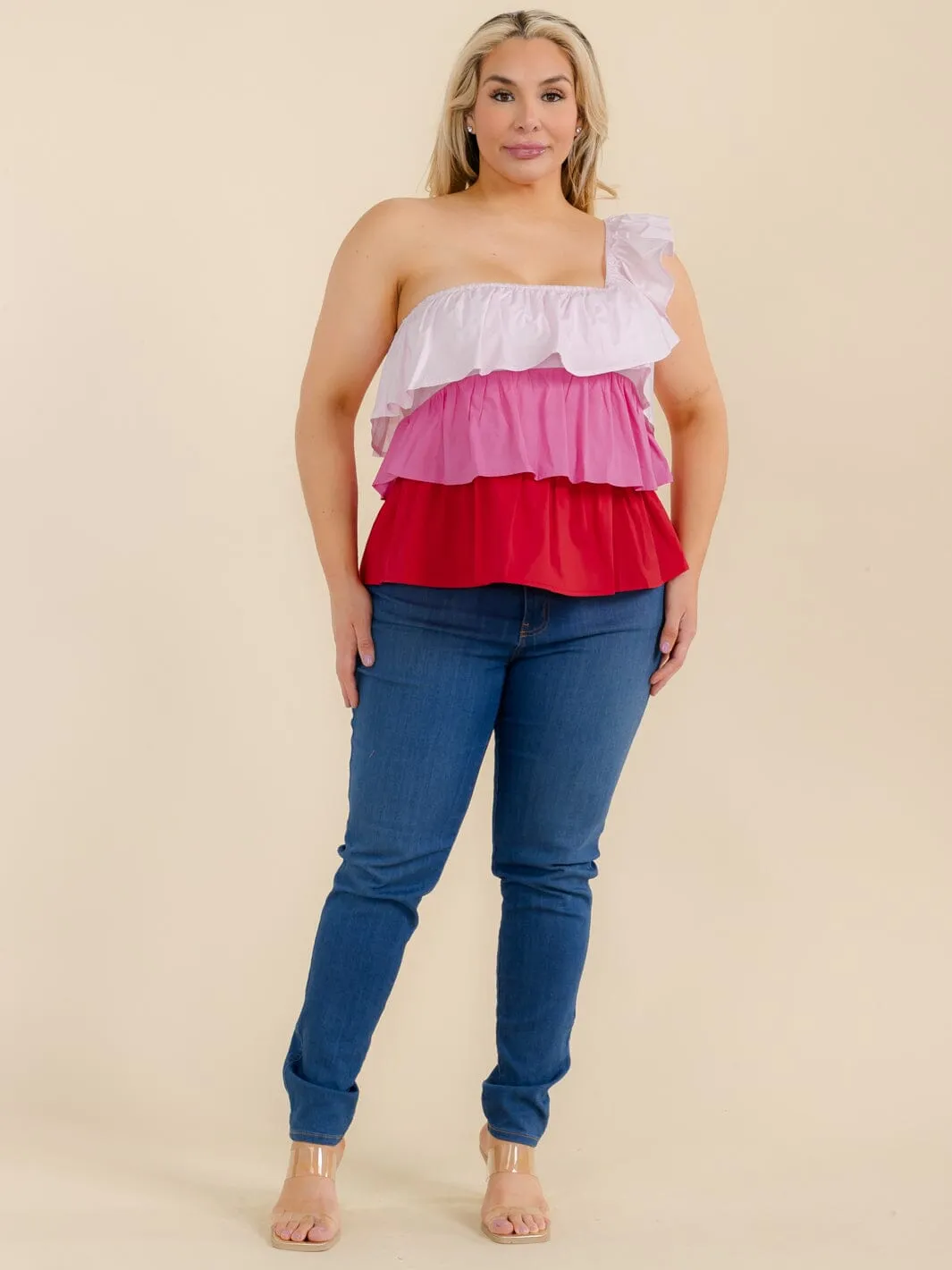 PLUS SIZE ONE SHOULDER SLEEVELES TIERED COLORBLOCK TOP