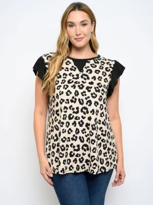 PLUS SIZE SHORT RUFFLE SLEEVE ANIMAL PRINT TOP