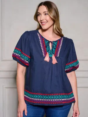PLUS SIZE SHORT SLEEVE EMBROIDERY TUNIC TOP