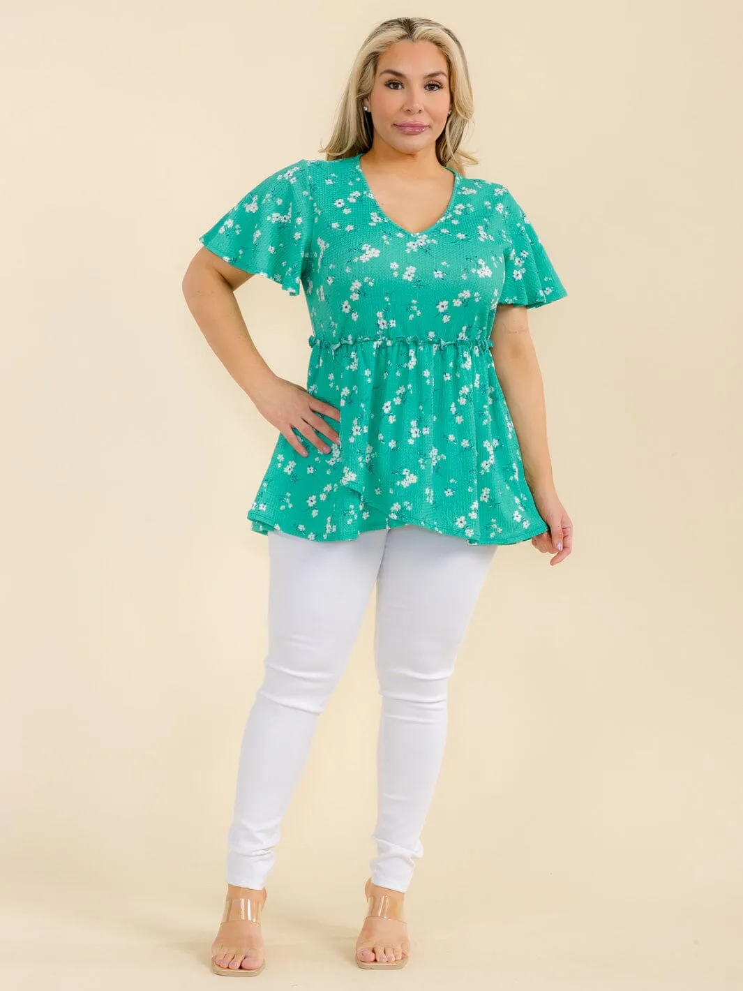 PLUS SIZE SHORT SLEEVE TIERED ELASTIC WAIST FLORAL PRINT TUNIC BLOUSE