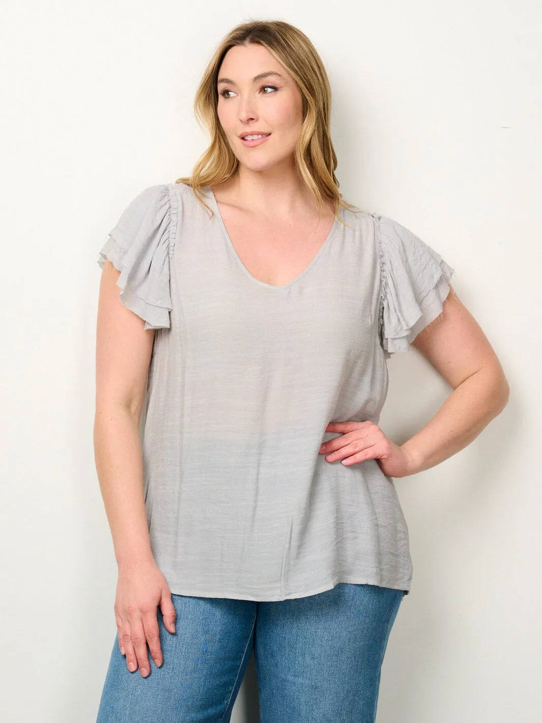 PLUS SIZE SHORT SLEEVE V-NECK TUNIC BLOUSE TOP