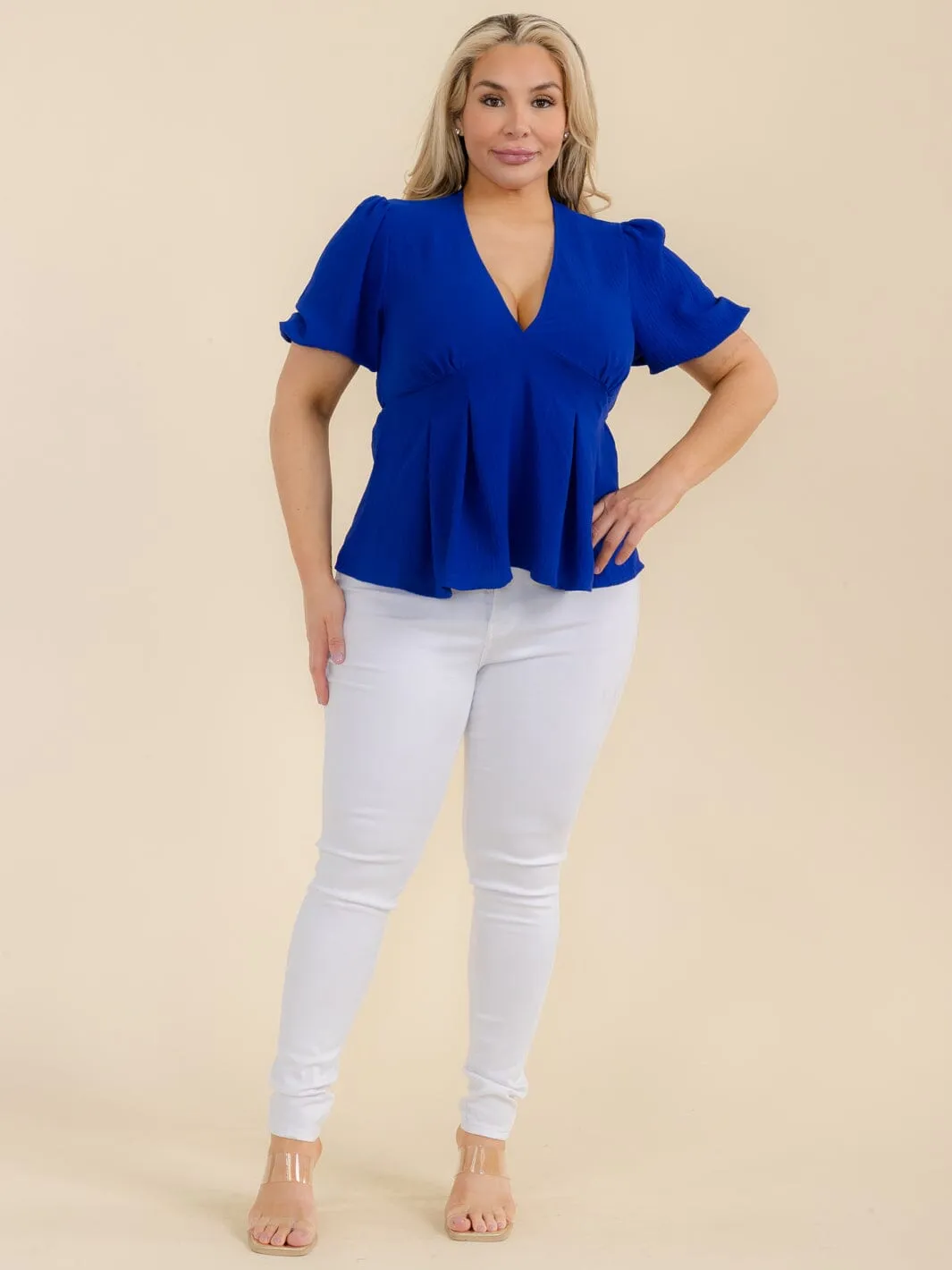 PLUS SIZE SHORT SLEEVE V-NECK TUNIC BLOUSE